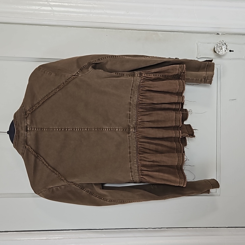 Free People Ruffle Hem Military Jacket- Olive Green -S - Picture 2 of 11